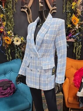 Women's Light Blue Plaid Double-Breasted Tweed Blazer